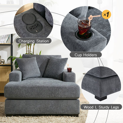 43.5Oversized Chaise Lounger Modern Style Sofa Couch,with Pillows,Charge Station & Cup Holders,Chenille Fabric