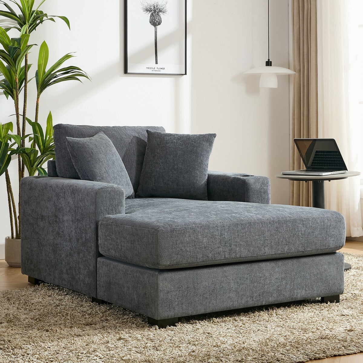43.5Oversized Chaise Lounger Modern Style Sofa Couch,with Pillows,Charge Station & Cup Holders,Chenille Fabric