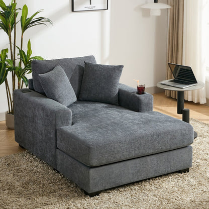 43.5Oversized Chaise Lounger Modern Style Sofa Couch,with Pillows,Charge Station & Cup Holders,Chenille Fabric