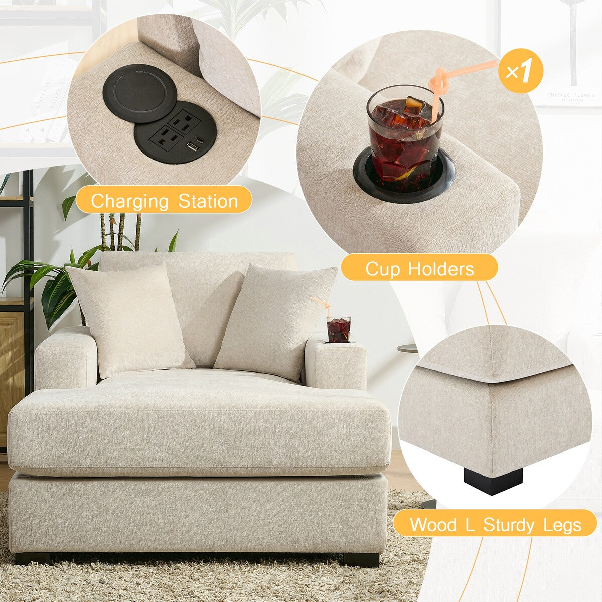 43.5Oversized Chaise Lounger Modern Style Sofa Couch,with Pillows,Charge Station & Cup Holders,Chenille Fabric
