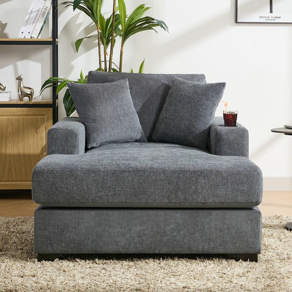43.5Oversized Chaise Lounger Modern Style Sofa Couch,with Pillows,Charge Station & Cup Holders,Chenille Fabric