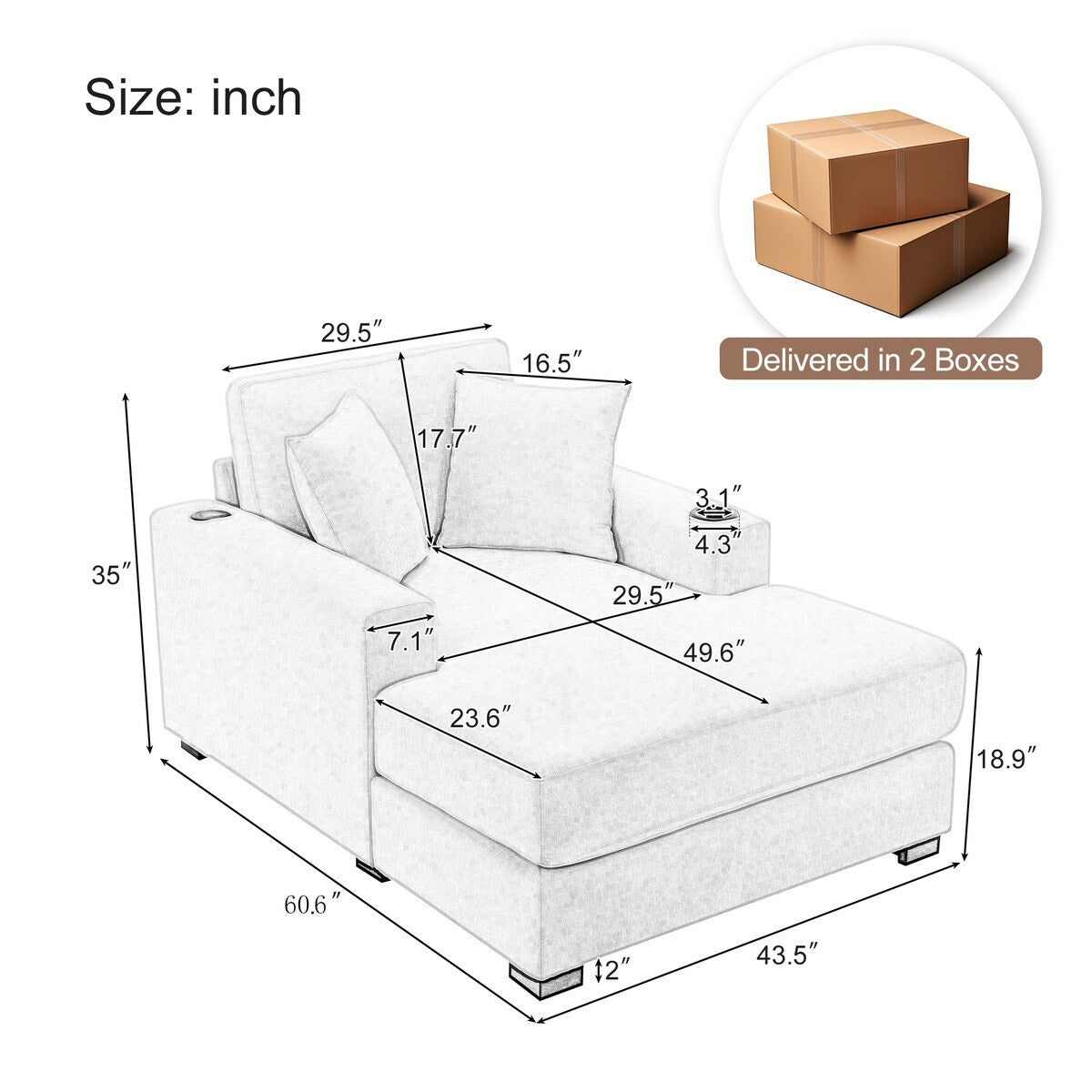 43.5Oversized Chaise Lounger Modern Style Sofa Couch,with Pillows,Charge Station & Cup Holders,Chenille Fabric