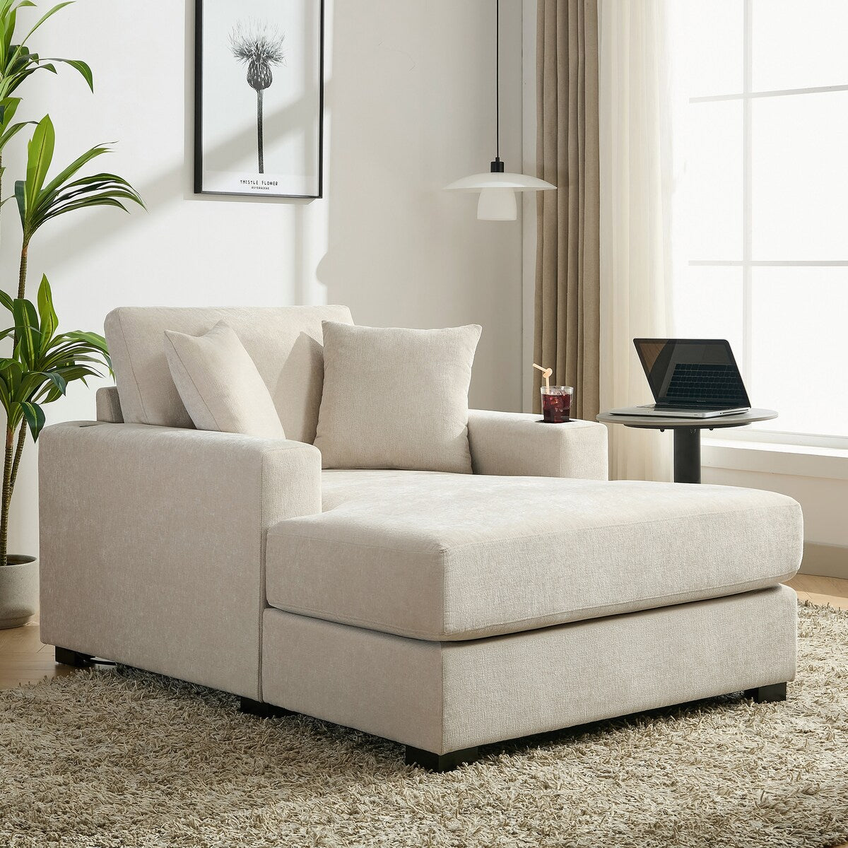 43.5Oversized Chaise Lounger Modern Style Sofa Couch,with Pillows,Charge Station & Cup Holders,Chenille Fabric