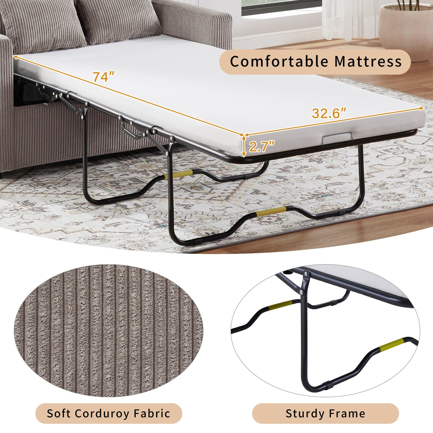47.2 Corduroy Twin Sleeper Sofa with Foldable Mattress, Side Table, USB Ports, and Storage Pocket