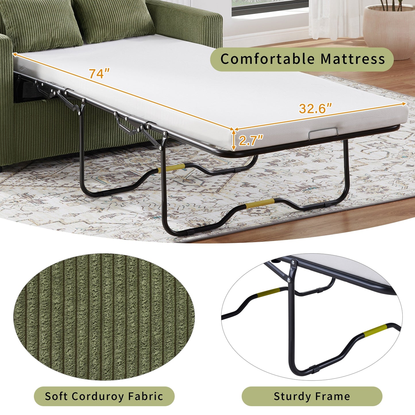 47.2 Corduroy Twin Sleeper Sofa with Foldable Mattress, Side Table, USB Ports, and Storage Pocket