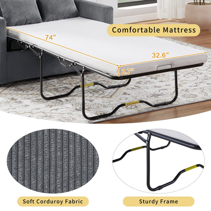 47.2 Corduroy Twin Sleeper Sofa with Foldable Mattress, Side Table, USB Ports, and Storage Pocket