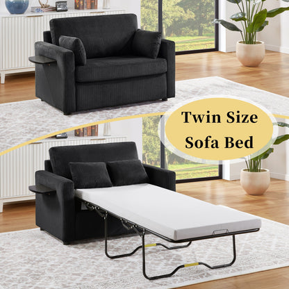 47.2 Corduroy Twin Sleeper Sofa with Foldable Mattress, Side Table, USB Ports, and Storage Pocket