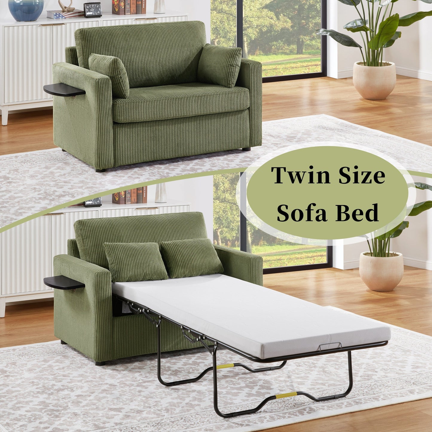 47.2 Corduroy Twin Sleeper Sofa with Foldable Mattress, Side Table, USB Ports, and Storage Pocket