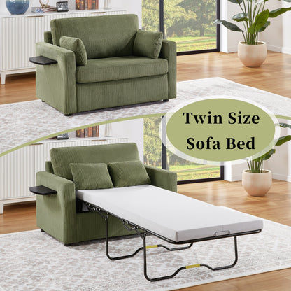 47.2 Corduroy Twin Sleeper Sofa with Foldable Mattress, Side Table, USB Ports, and Storage Pocket