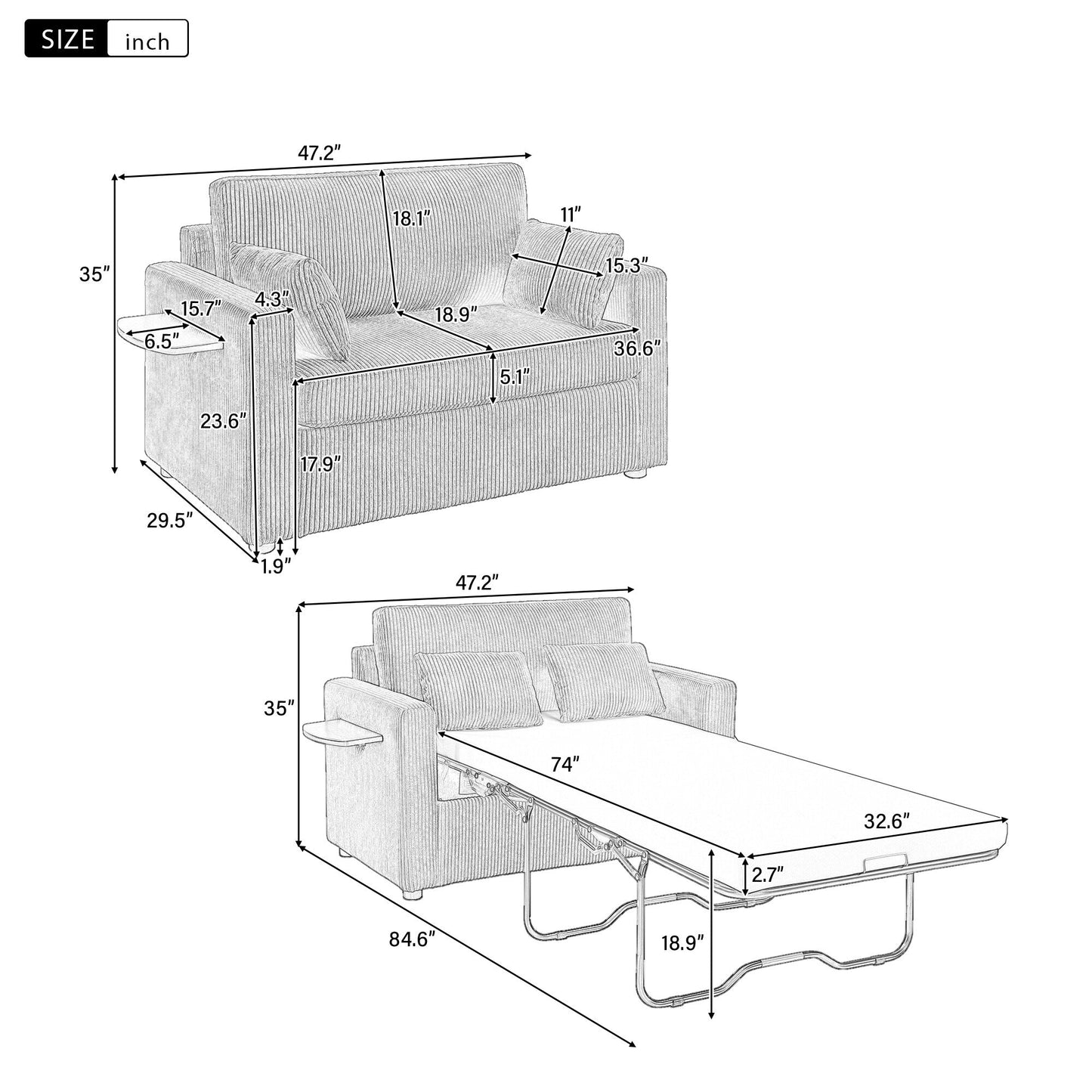 47.2 Corduroy Twin Sleeper Sofa with Foldable Mattress, Side Table, USB Ports, and Storage Pocket