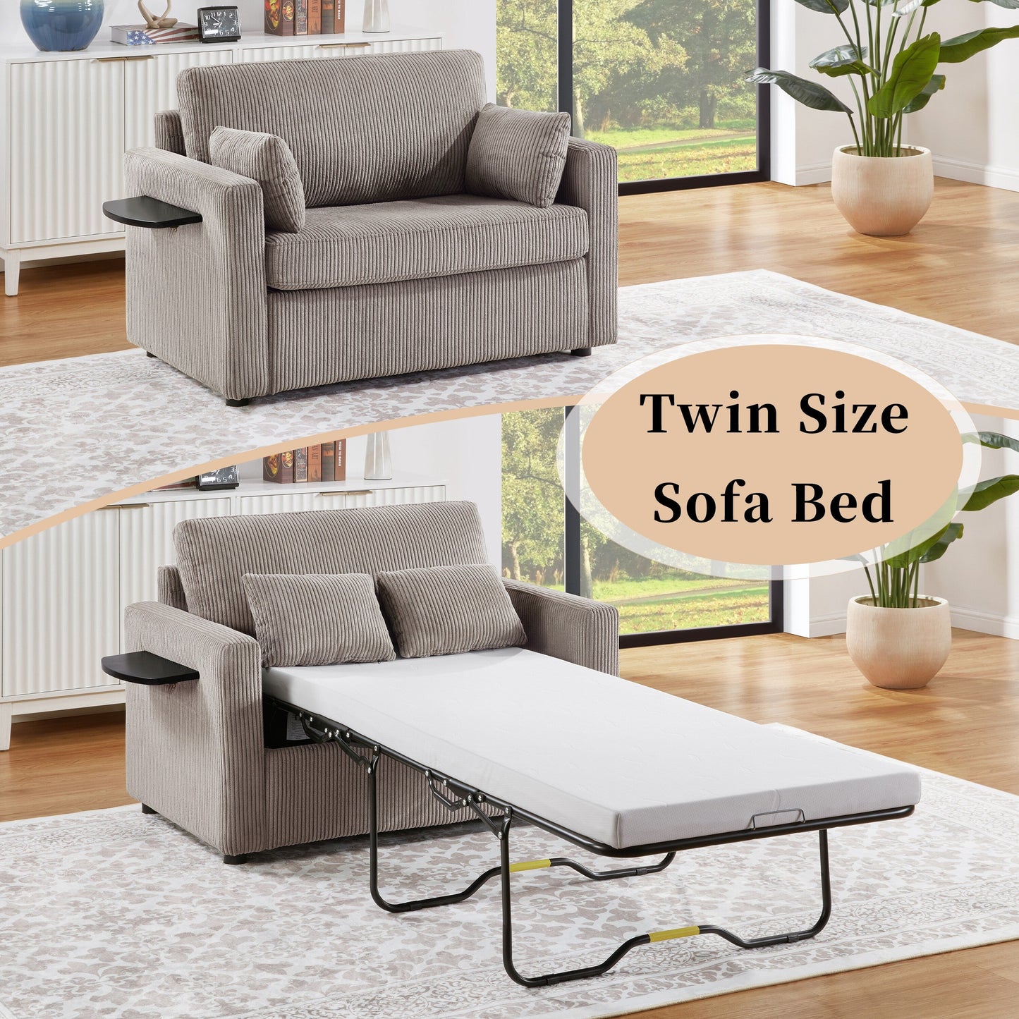 47.2 Corduroy Twin Sleeper Sofa with Foldable Mattress, Side Table, USB Ports, and Storage Pocket