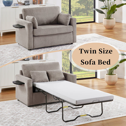 47.2 Corduroy Twin Sleeper Sofa with Foldable Mattress, Side Table, USB Ports, and Storage Pocket