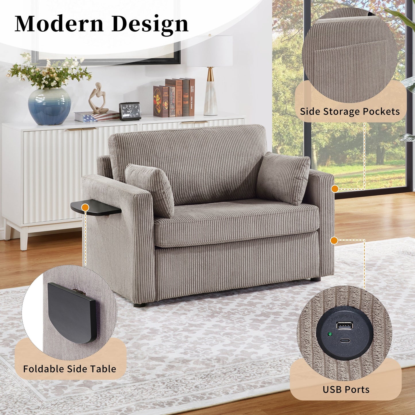 47.2 Corduroy Twin Sleeper Sofa with Foldable Mattress, Side Table, USB Ports, and Storage Pocket