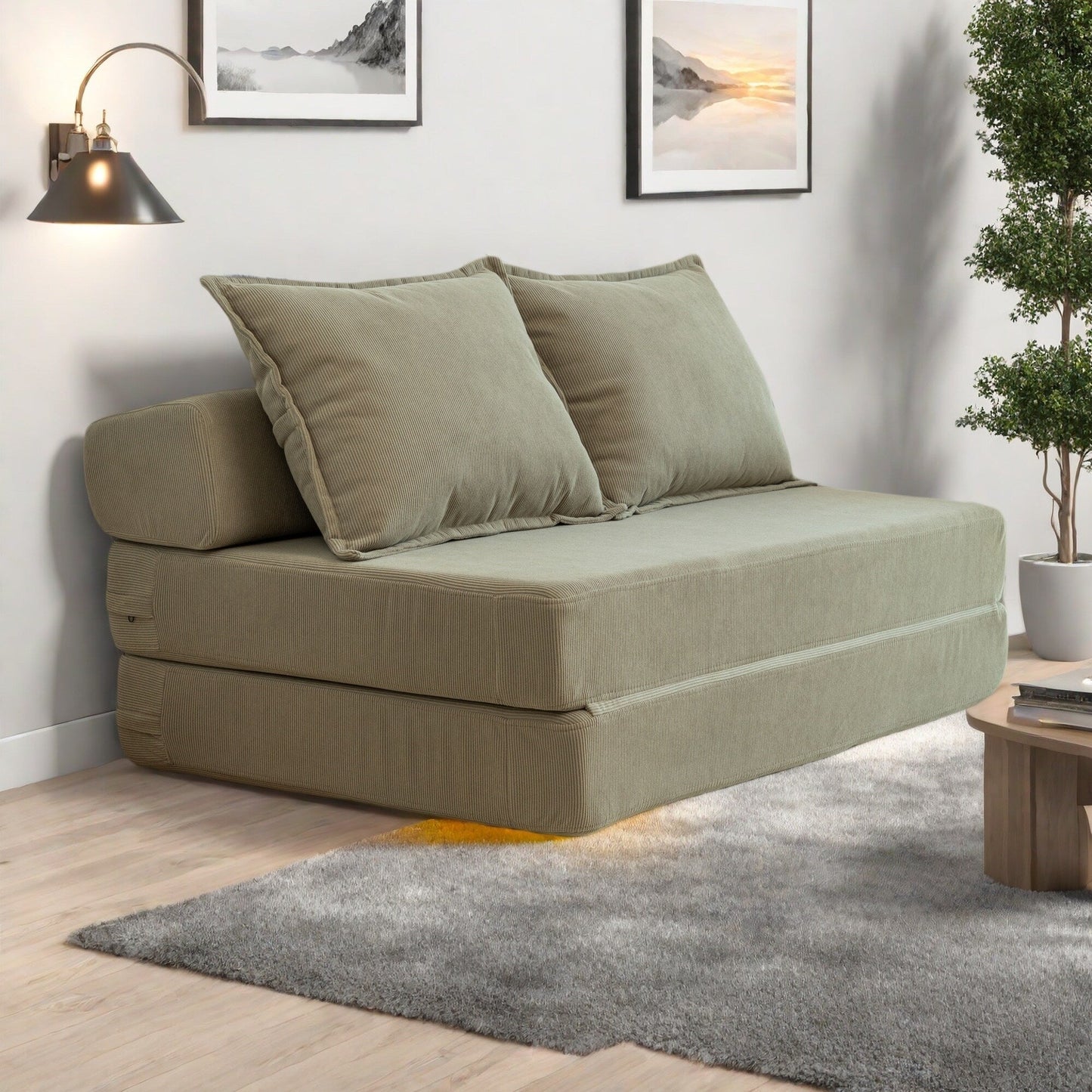 47.63 Corduroy 2-Seater Sleeper Sofa with Pillow Floor Mattress Floor Couch with Backrest for Living Room