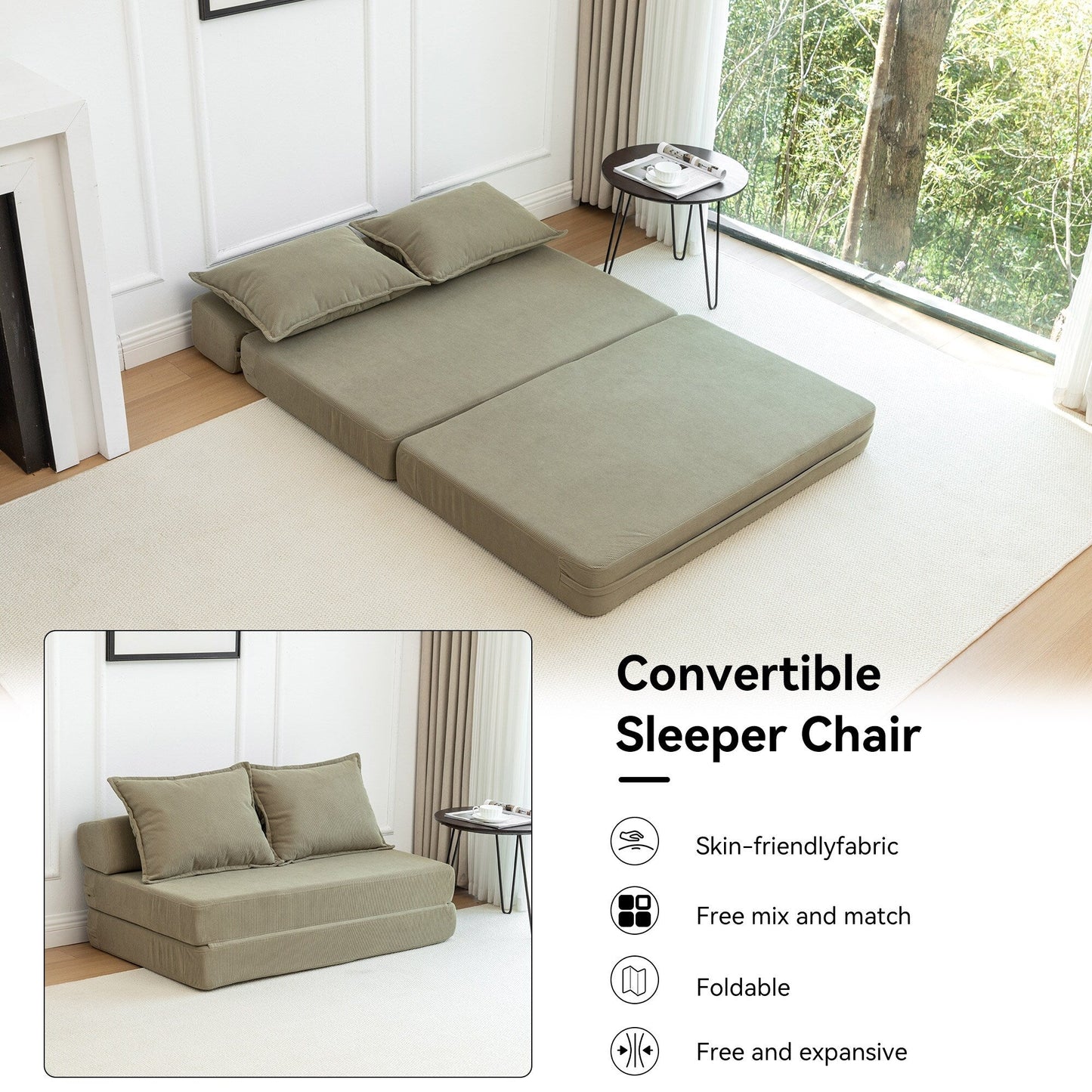 47.63 Corduroy 2-Seater Sleeper Sofa with Pillow Floor Mattress Floor Couch with Backrest for Living Room