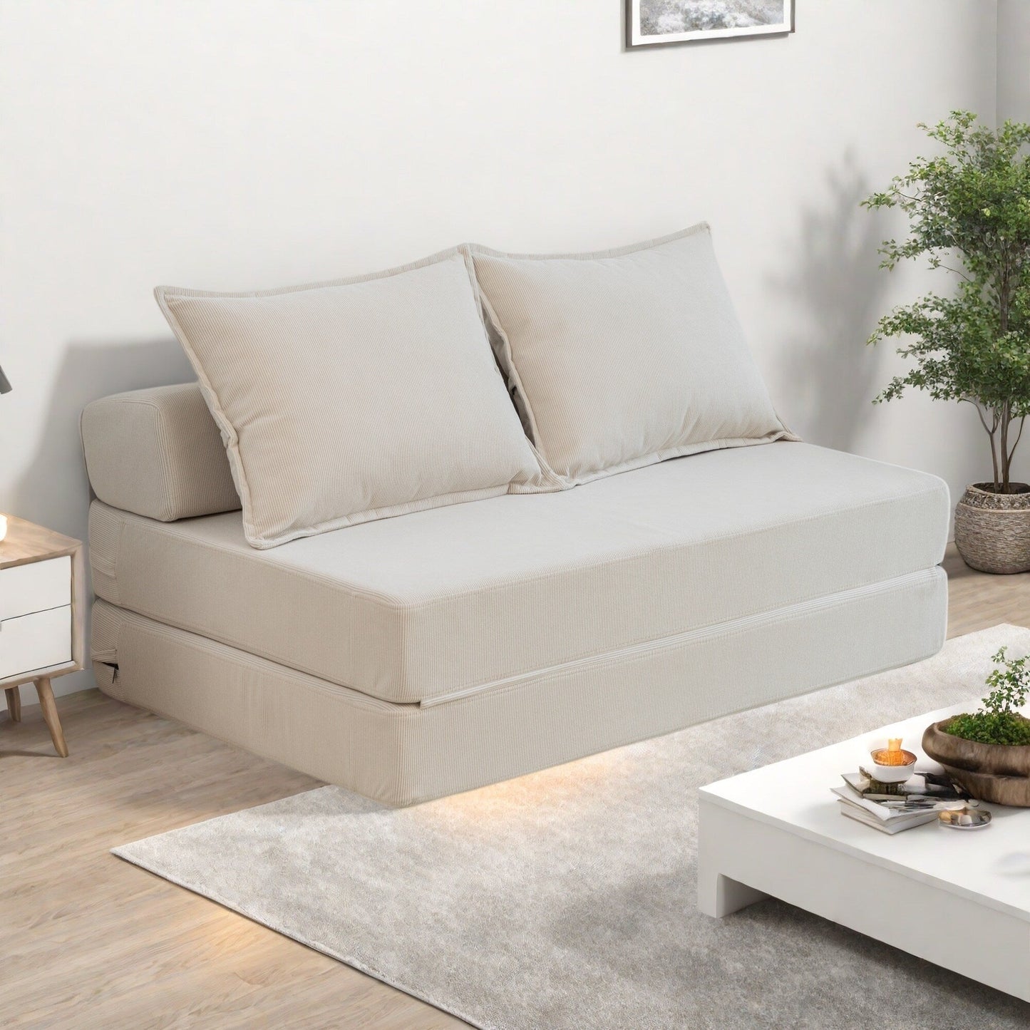 47.63 Corduroy 2-Seater Sleeper Sofa with Pillow Floor Mattress Floor Couch with Backrest for Living Room