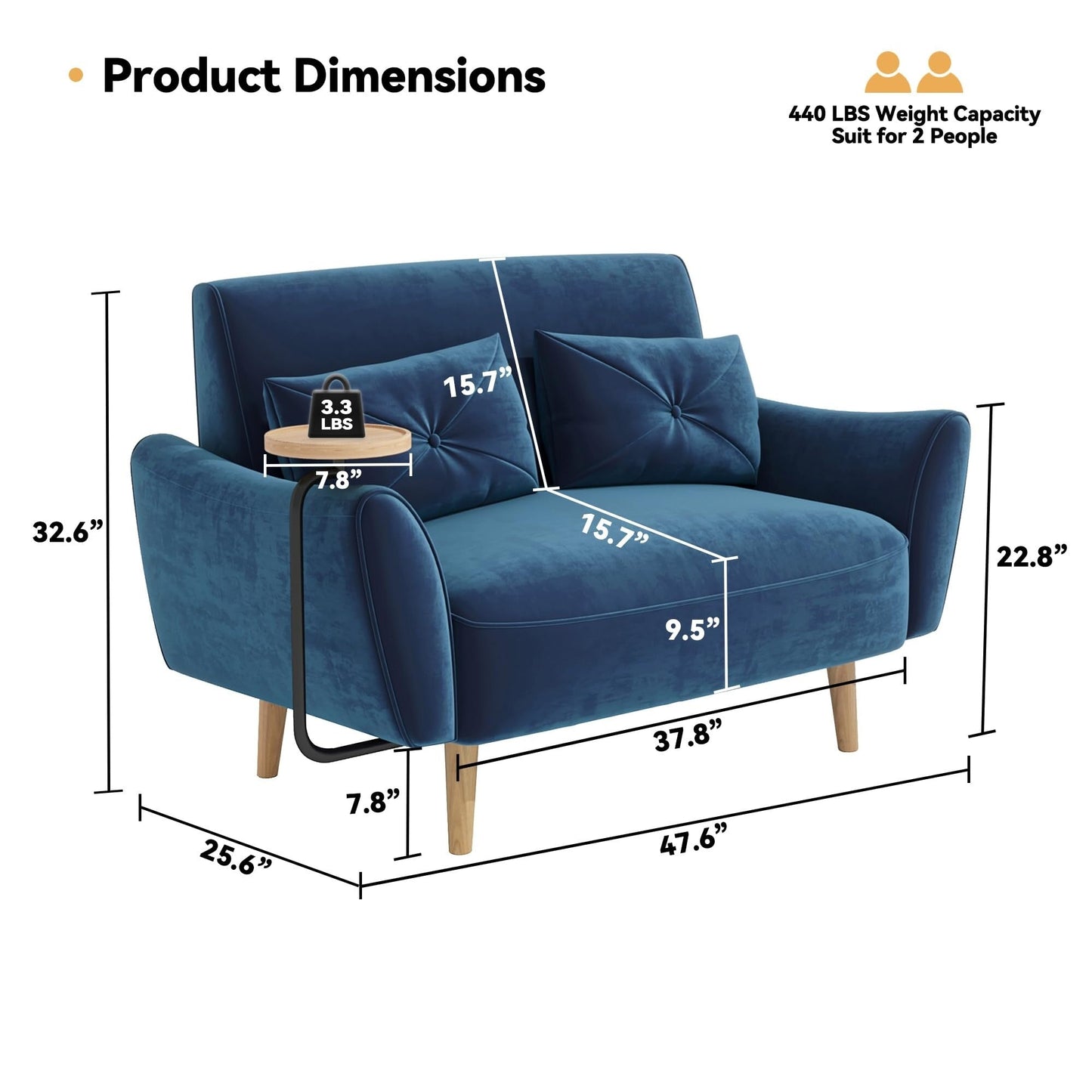 47.6 Wood 2-Seat Sofa with Convertible Tray and Curved Armrests - Compact Luxury Seating for Small Spaces