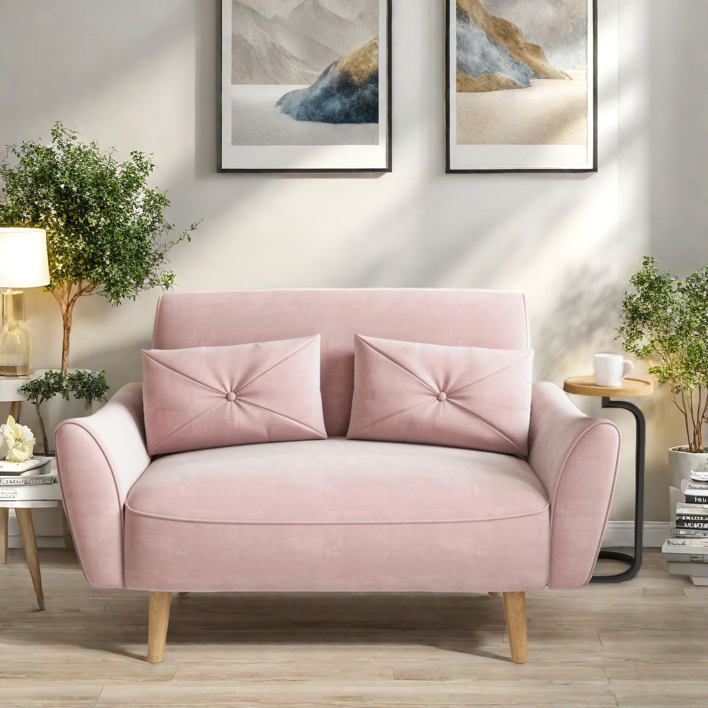 47.6 Wood 2-Seat Sofa with Convertible Tray and Curved Armrests - Compact Luxury Seating for Small Spaces