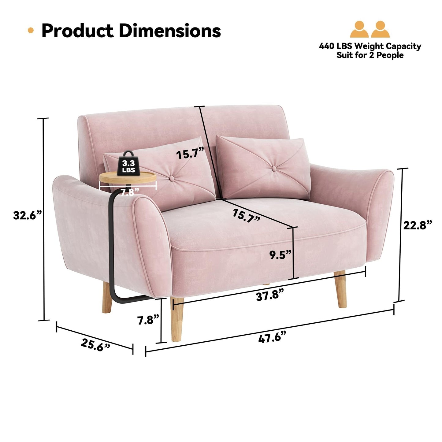 47.6 Wood 2-Seat Sofa with Convertible Tray and Curved Armrests - Compact Luxury Seating for Small Spaces