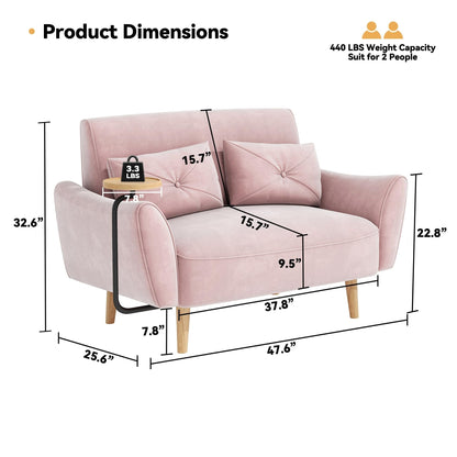 47.6 Wood 2-Seat Sofa with Convertible Tray and Curved Armrests - Compact Luxury Seating for Small Spaces