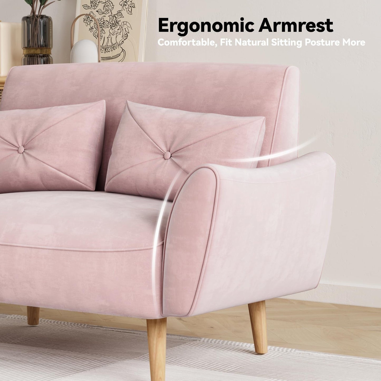 47.6 Wood 2-Seat Sofa with Convertible Tray and Curved Armrests - Compact Luxury Seating for Small Spaces