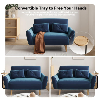 47.6 Wood 2-Seat Sofa with Convertible Tray and Curved Armrests - Compact Luxury Seating for Small Spaces