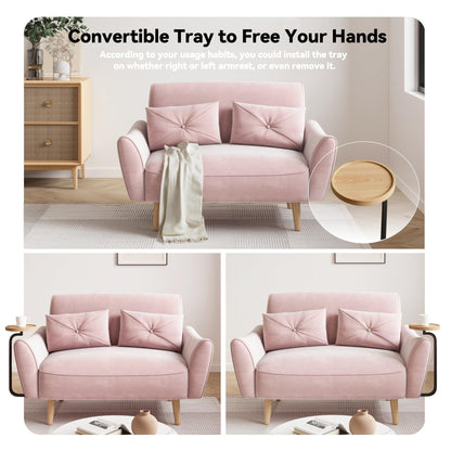 47.6 Wood 2-Seat Sofa with Convertible Tray and Curved Armrests - Compact Luxury Seating for Small Spaces