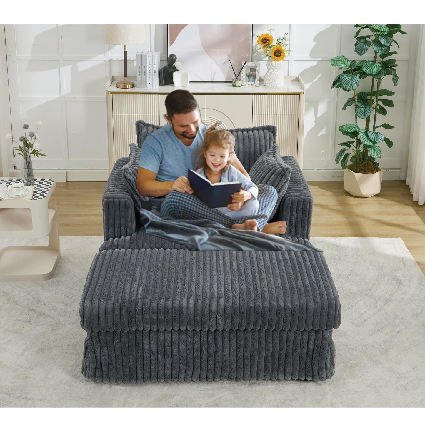 47.7 Oversized Corduroy Chaise Lounge with Ottoman Recliner
