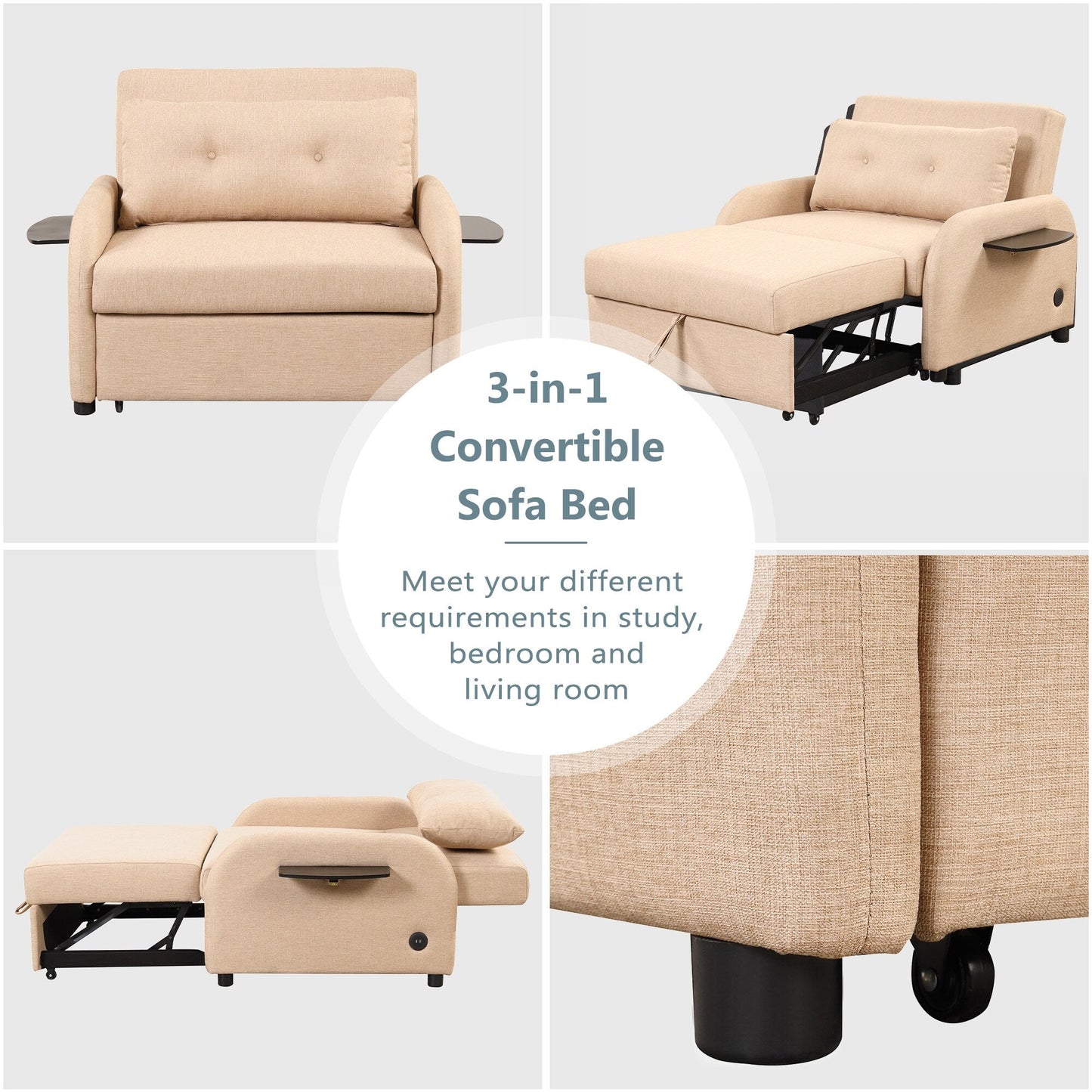 48.82-Seater Sleeper Sofa 3 in 1 with 2 Wing Table and USB Charge
