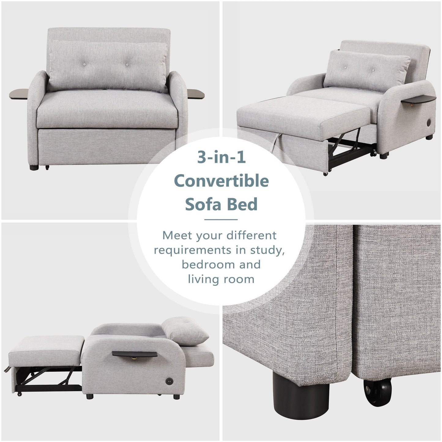 48.82-Seater Sleeper Sofa 3 in 1 with 2 Wing Table and USB Charge
