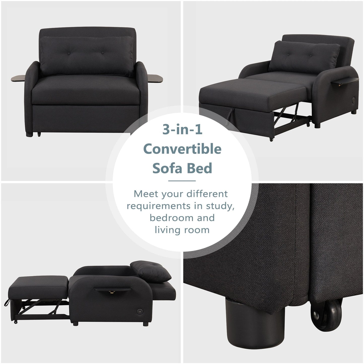48.82-Seater Sleeper Sofa 3 in 1 with 2 Wing Table and USB Charge