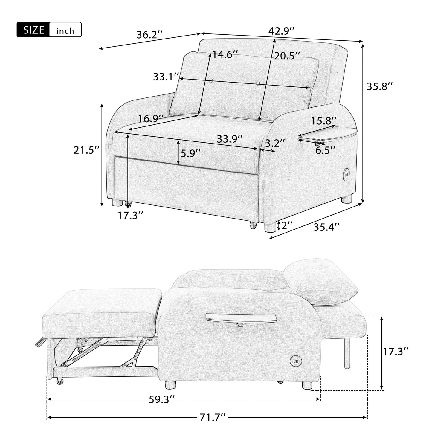 48.82-Seater Sleeper Sofa 3 in 1 with 2 Wing Table and USB Charge