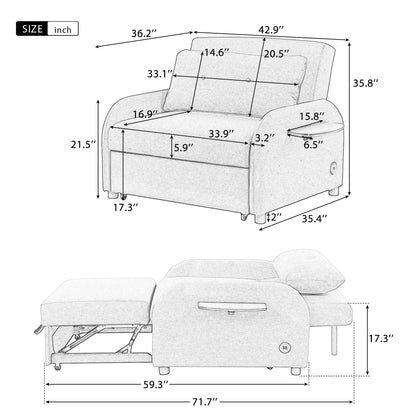 48.82-Seater Sleeper Sofa 3 in 1 with 2 Wing Table and USB Charge