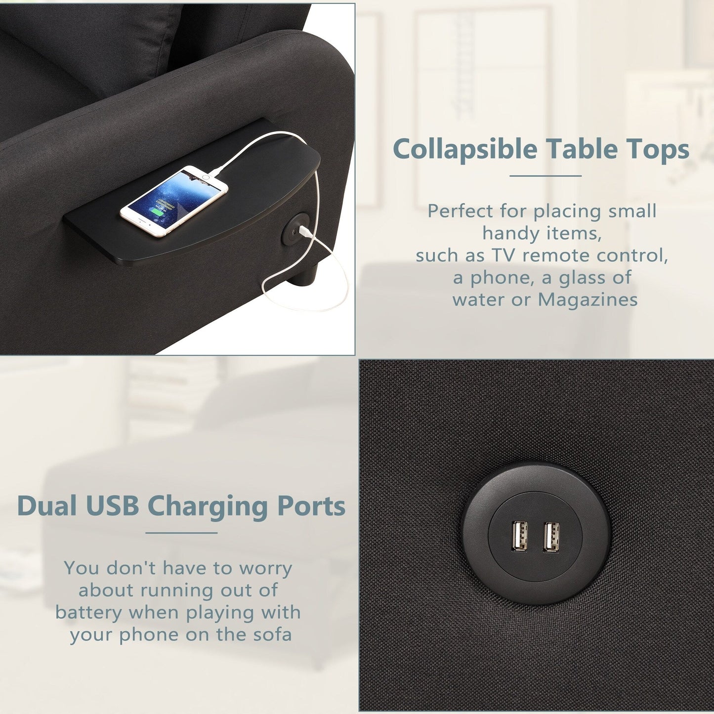 48.82-Seater Sleeper Sofa 3 in 1 with 2 Wing Table and USB Charge