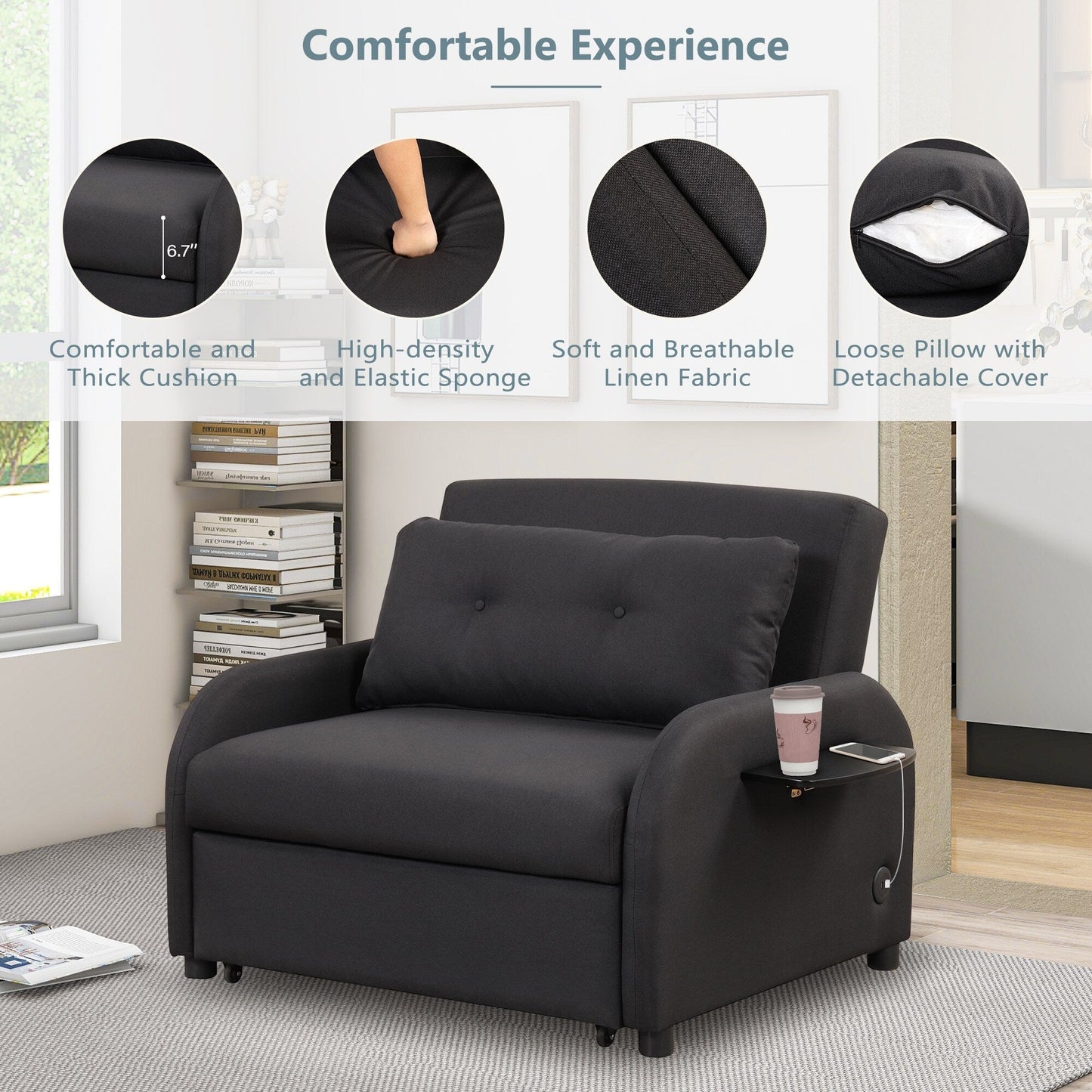 48.82-Seater Sleeper Sofa 3 in 1 with 2 Wing Table and USB Charge