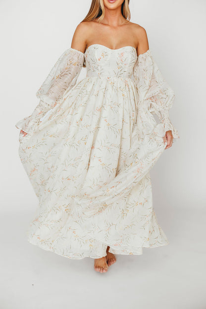 Delilah Maxi Dress With Train in Cream Floral - Bump Friendly