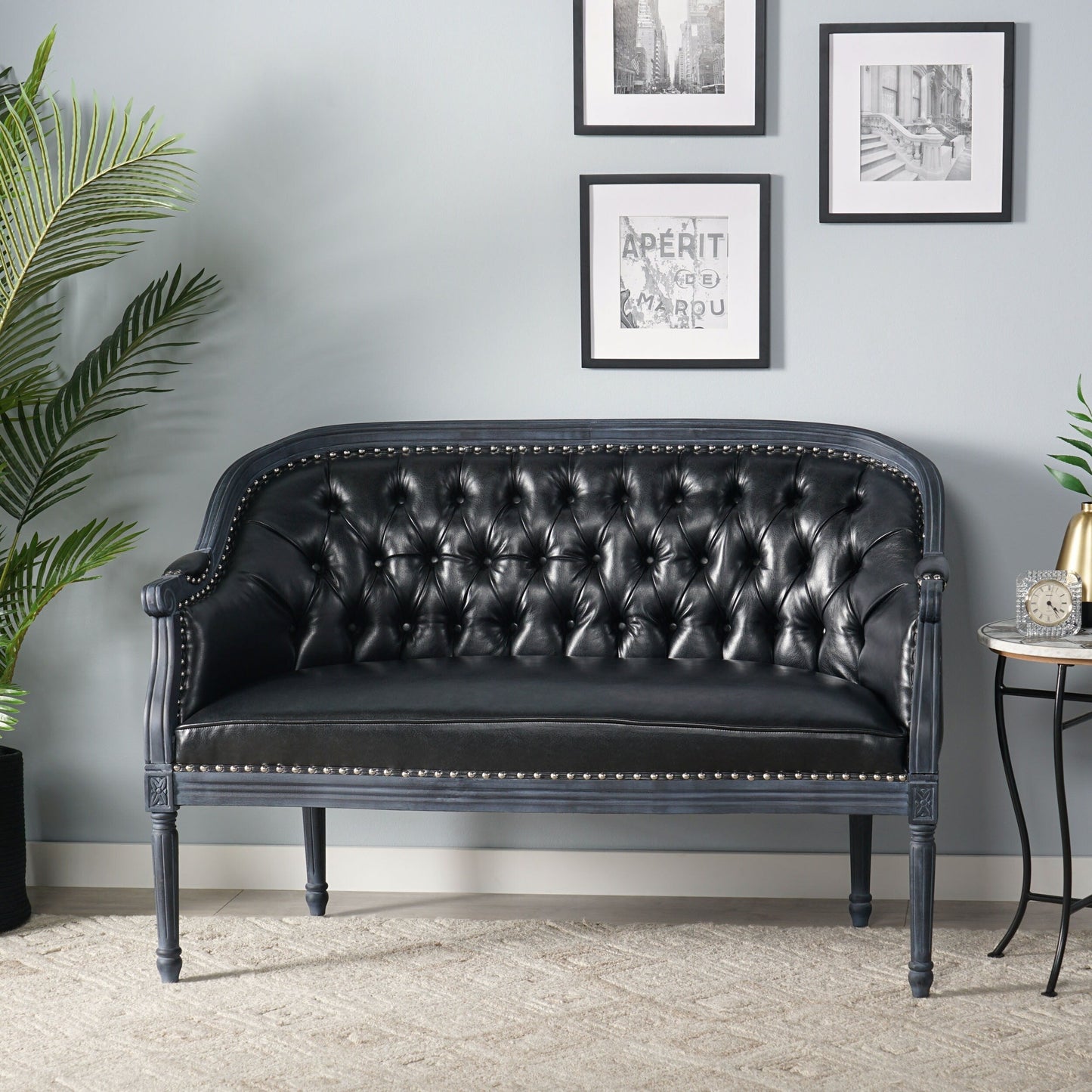 49.5 Faux Leather Loveseat Sofa with Turned Legs and Nailheads for Living Room