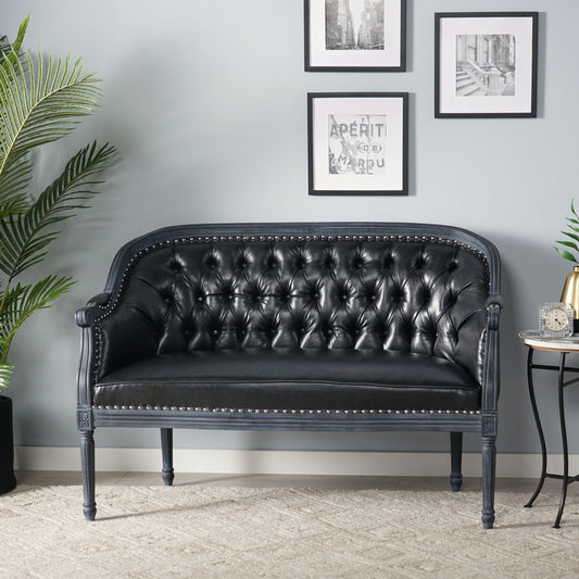 49.5 Faux Leather Loveseat Sofa with Turned Legs and Nailheads for Living Room