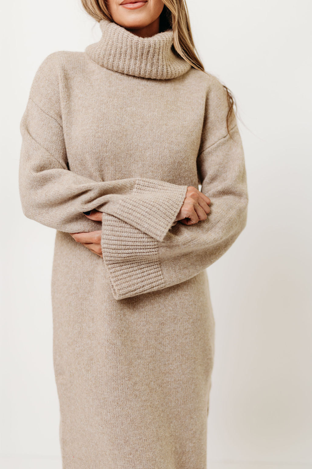 Melissa Cowl-Neck Sweater Midi Dress in Sand