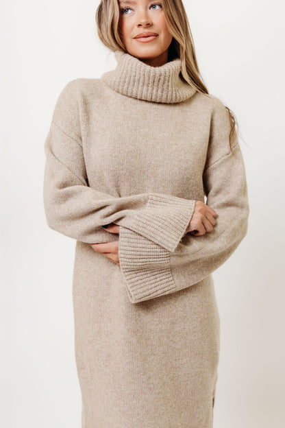 Melissa Cowl-Neck Sweater Midi Dress in Sand