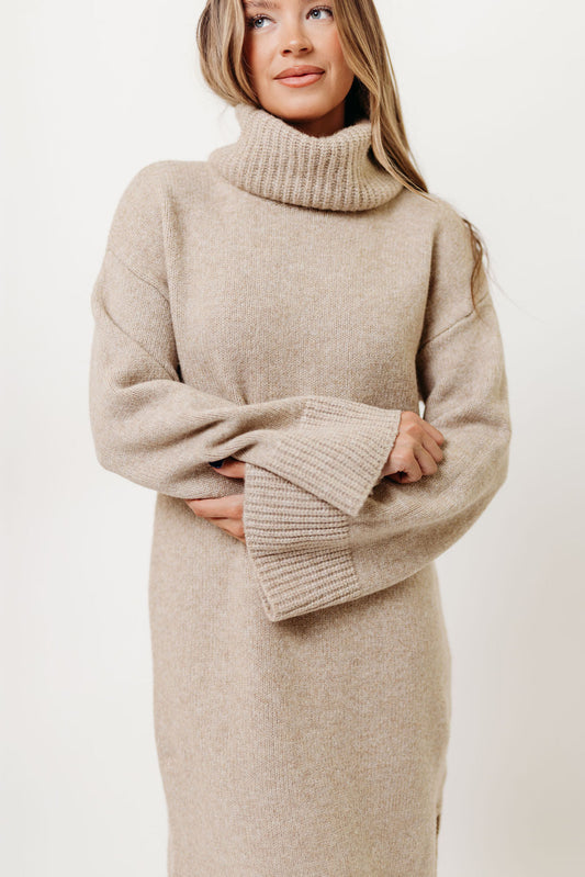 Melissa Cowl-Neck Sweater Midi Dress in Sand