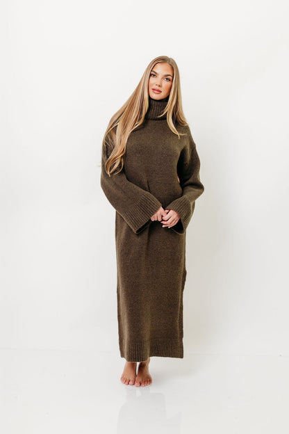 Melissa Cowl-Neck Sweater Midi Dress in Olive