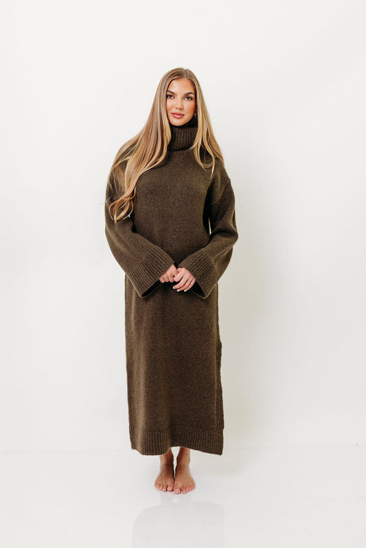 Melissa Cowl-Neck Sweater Midi Dress in Olive