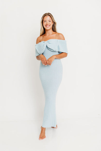 Aston Bow Front Maxi Sweater Dress in Ice Metal– Bump Friendly & Inclusive Sizing (S-3XL)