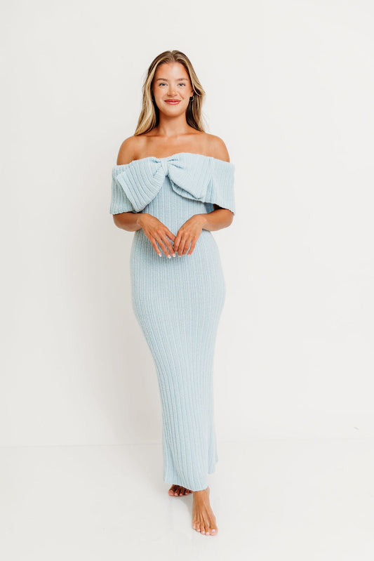 Aston Bow Front Maxi Sweater Dress in Ice Metal– Bump Friendly & Inclusive Sizing (S-3XL)