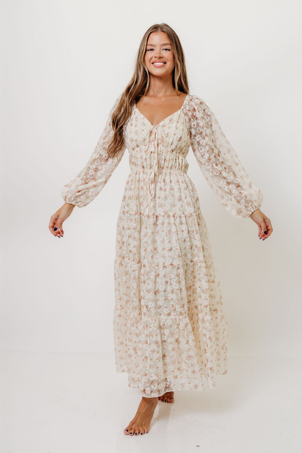 Macklynn V-Neck Long Sleeve Tier Maxi Dress in Cream/Orange Floral