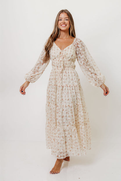 Macklynn V-Neck Long Sleeve Tier Maxi Dress in Cream/Orange Floral