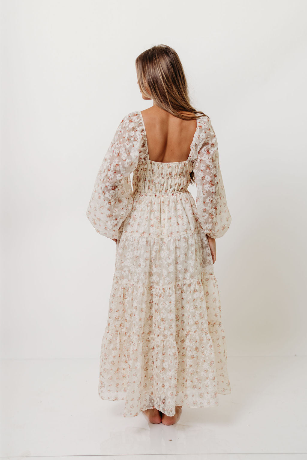 Macklynn V-Neck Long Sleeve Tier Maxi Dress in Cream/Orange Floral