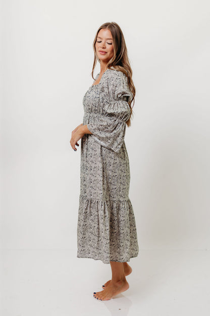 Julianna 100% Cotton Floral Print Tiered Midi Dress in Cream/Dark Navy