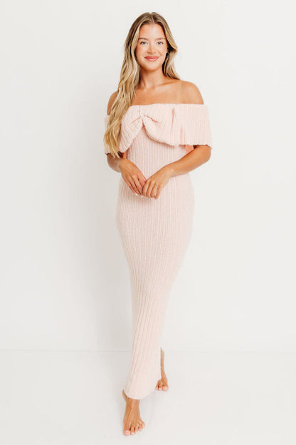 Aston Bow Front Maxi Sweater Dress in Pinkish Petal – Bump Friendly & Inclusive Sizing (S-3XL)